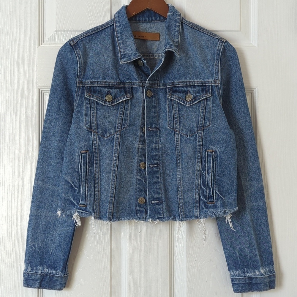 Grlfrnd Cara Classic Relaxed Fit Cropped Raw Hem Denim Jacket London Calling S